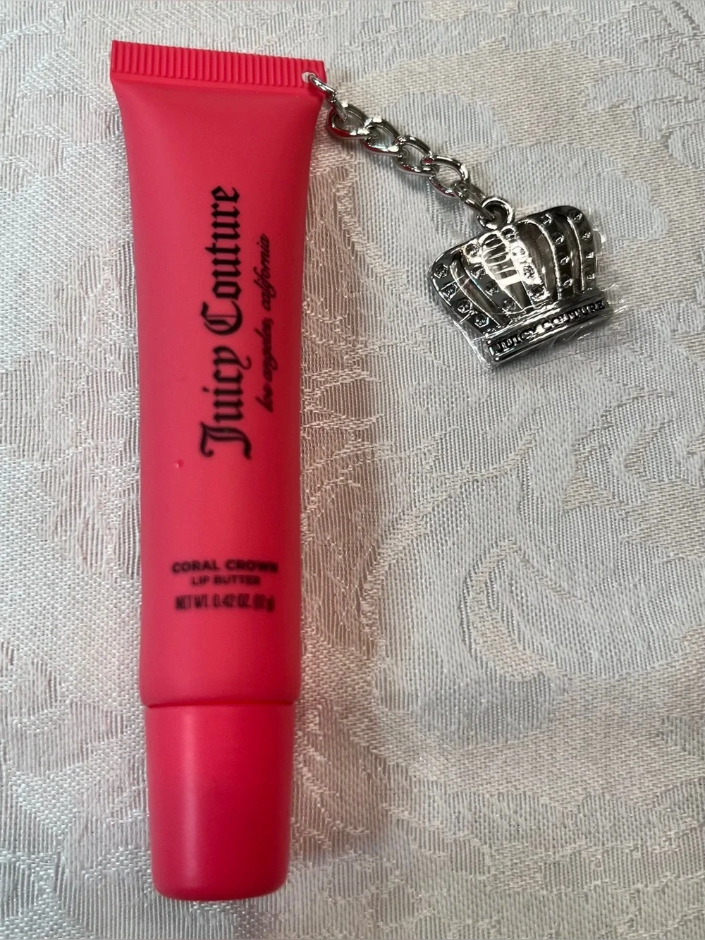 Juicy Couture Coral Pink Lip Butter with Silver Crown Charm